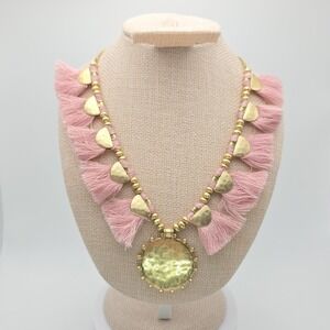New! LUCKY BRAND Statement Necklace Pink Fringe Reversible Gold Plated 20" Adj.